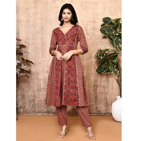 Lissa Red Ajrakh Cotton Flared Kurta Set | Womens Kurta by Expressions ...