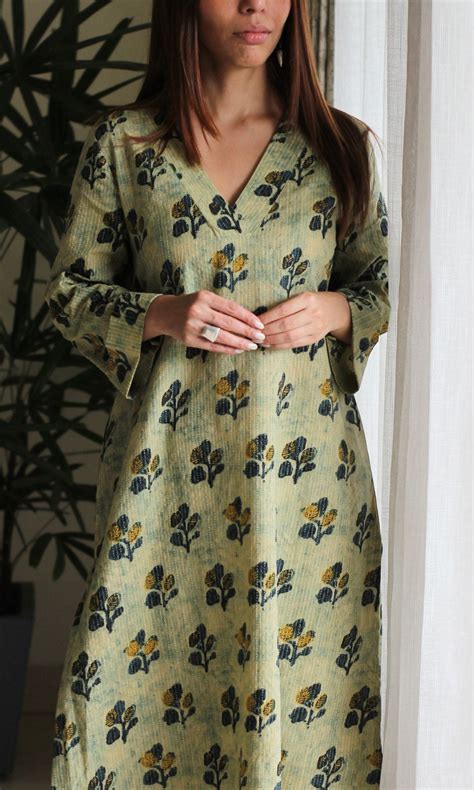 Cotton Kantha Summer Green Vanaspati print A-line Kurta – Baareeki