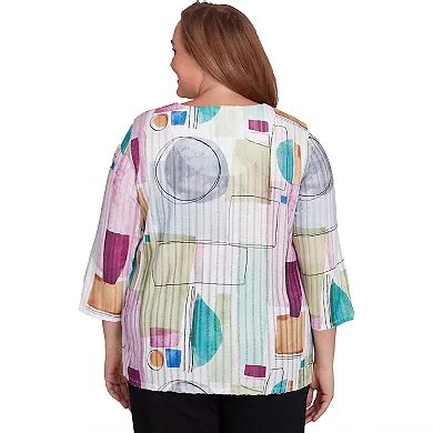Plus Size Alfred Dunner Geometric V-Neck Three Quarter Sleeve Top