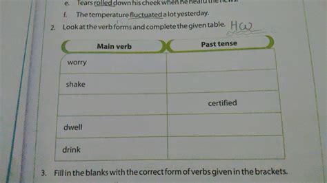 Look at the verb forms and complete the given table. | Main verb | Past