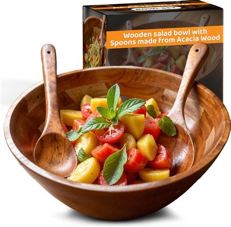 Amazon.com | ECWAY Acacia Wood Salad Bowl with Wooden Lid, Built-in ...