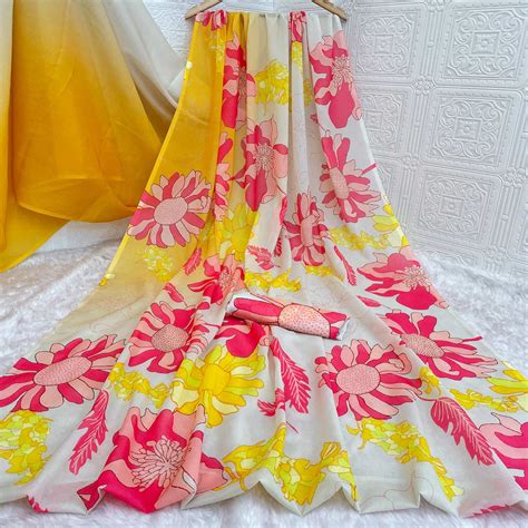 Yellow Sparkle Star Georgette Saree Adorned With Floral Digital Prints