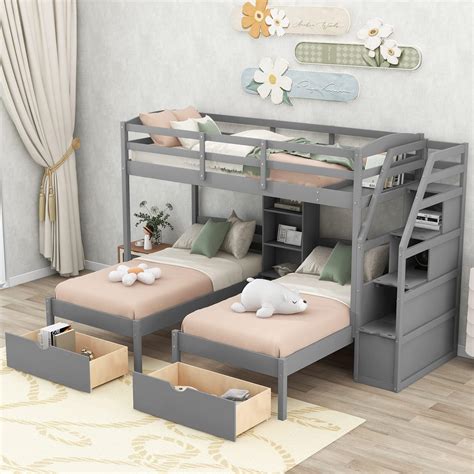 Amazon.com: Triple Bunk Beds with Stairs and Storage Drawers, Twin Over ...