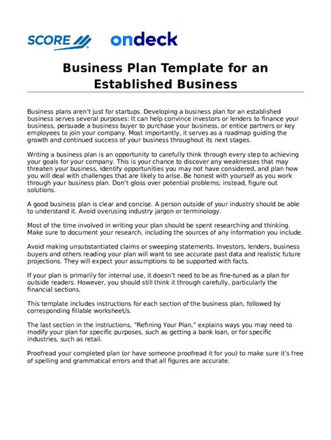 Business Plan Template for an Established Business Doc Template | pdfFiller