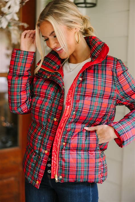 More The Merrier Red Tartan Plaid Puffer Jacket – Shop the Mint
