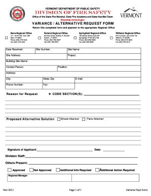 Fillable Online firesafety vermont Nov 2011 Page 1 of 1 Variance Rqst ...