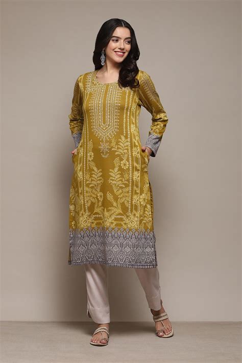 Mustard Poly Cotton Straight Yarndyed Kurta at Biba India