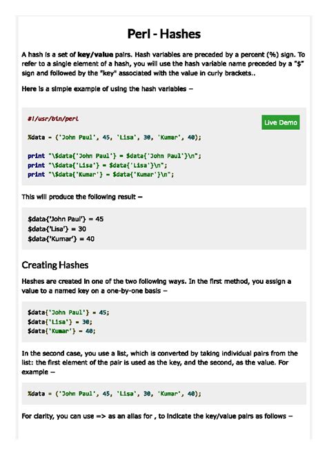 Hashes 1 - Perl Hashes A hash is a set of pairs. Hash variables are ...