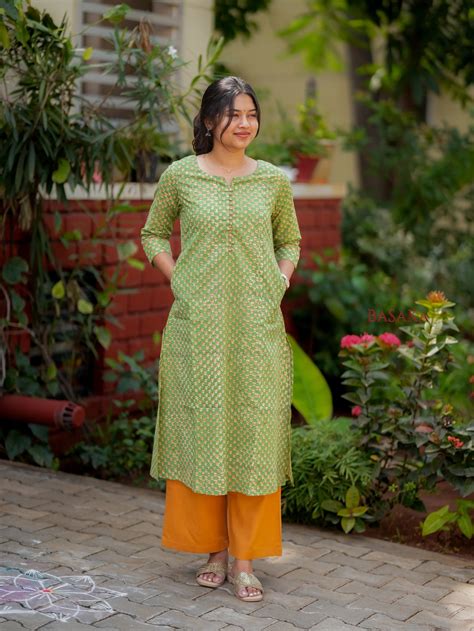 Lime Green Block Printed COTTON A-line Kurta – BaSaKa