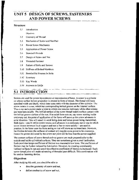 Unit 5 - Lecture Notes on Design of Screws, Fasteners, and Power Screws ...