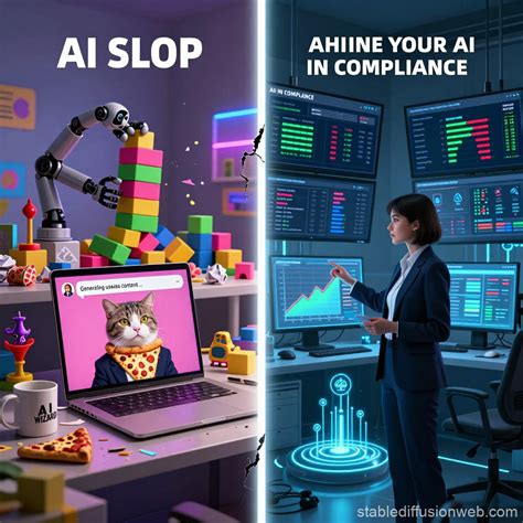 create a provocative split screen image contrasting ai slop vs serious ...