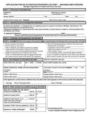 APPLICATION FOR AN AUTHENTICATED/APOSTILLED COPY MICHIGAN BIRTH RECORD ...