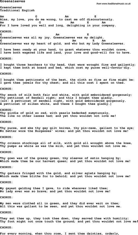Traditional Song Greensleeves with Chords, Tabs and Lyrics