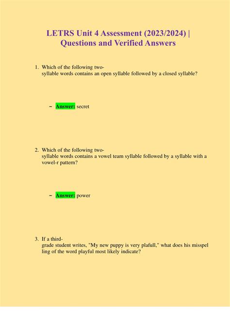 LETRS Unit 4 Assessment (2023/2024) | Questions and Verified Answers ...
