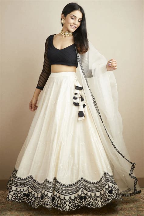 WHITE AND BLACK RAW SILK LEHENGA SET | Deval Store