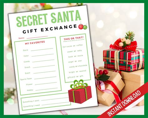 Secret Santa Gift Exchange, Secret Santa Questionnaire, Printable ...