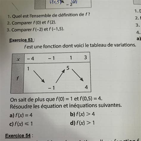 Exercice 53 x f fest une fonction dont voici le tableau de variations ...