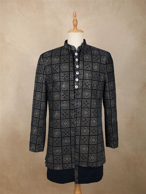 Dark Blue Geometric Thread Embroidered Design Velvet Indo-Western ...