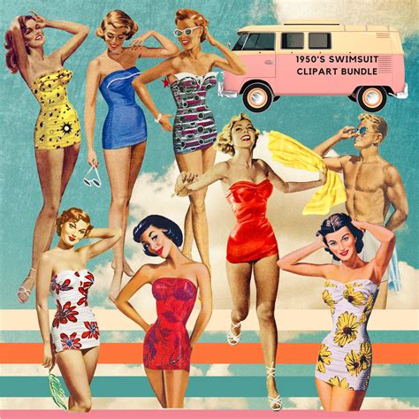 1950s Swimsuits PNG Retro Beachwear Vintage Swimming Costume Clipart ...