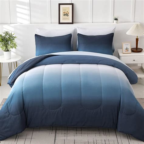 Gradient Blue White Comforter Set King Size 7 Pieces Ombre Navy Blue ...