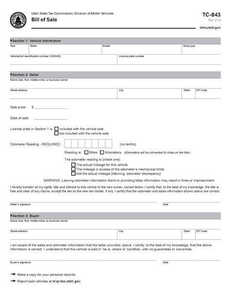 Free Utah Motor Vehicle Bill of Sale Form | PDF