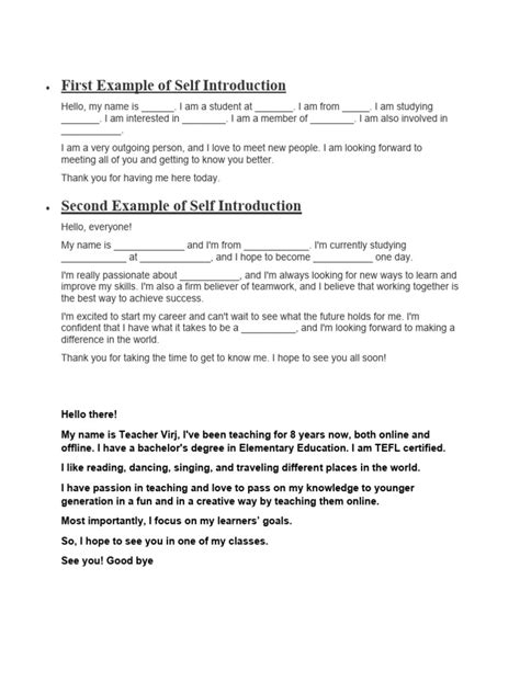 First Example of Self Introduction | PDF