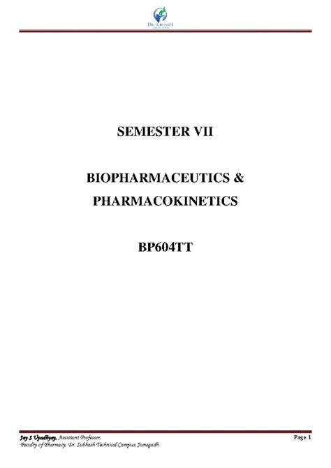 Biopharmaceutics - 6th Sem Notes - Jay S Upadhyay, Assistant Professor ...