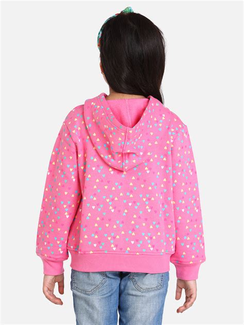 Girls Light Pink Heart Printed Jacket with Hoodie – Stylestone