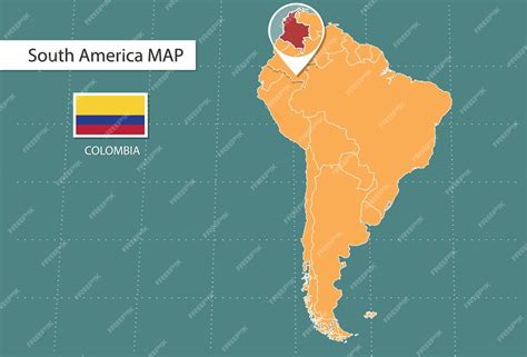 Premium Vector | Colombia map in america zoom version icons showing colombia location and flags