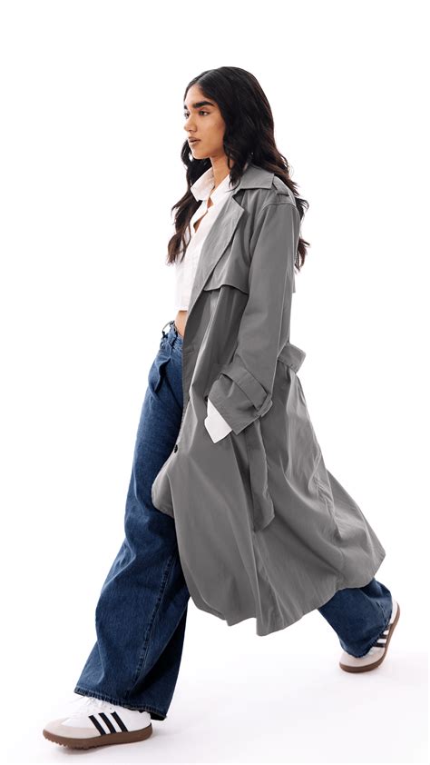 OG Grey Double-Breasted Long Trench Coat with Belt Women Longline ...