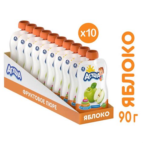 Детское фруктовое пюре Агуша Яблоко в мягкой упаковке, с 4 месяцев, 90г ...