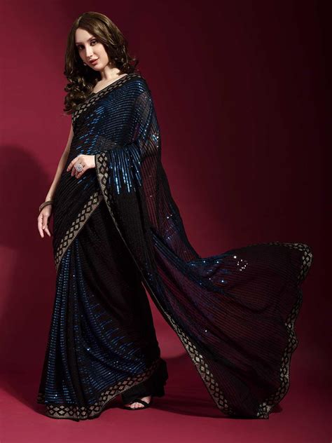 Buy Black and Blue Georgette Sequence Saree With Blouse Online. – Odette