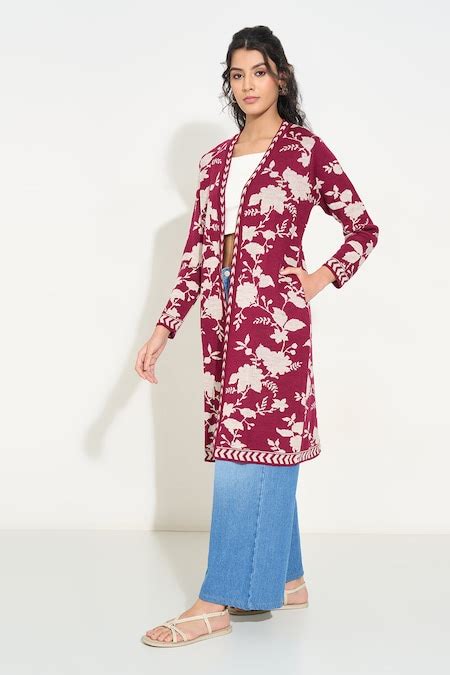 Maroon Floral Jacquard Longline Cardigan - Selling Fast at Pantaloons.com