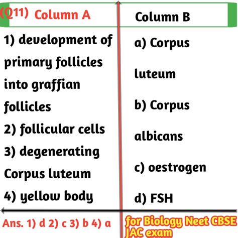 matching question examples in biology for class 12th exams - Biologysir