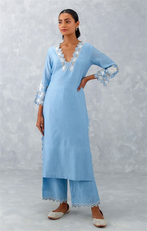 Devnaagri - Ice Blue Embroidered Woven Chanderi Kurta Set