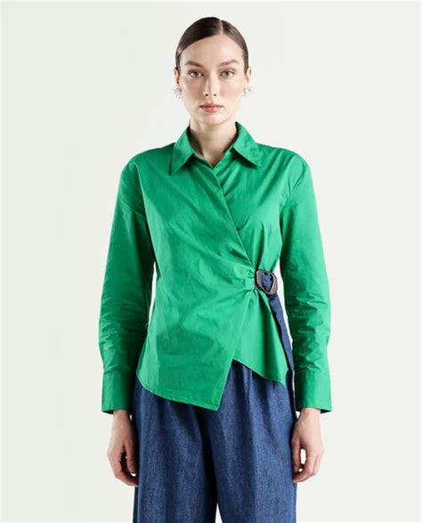 Rareism Women's Bhashio T Green Cotton Spread Collar Plain Cuffed Slee