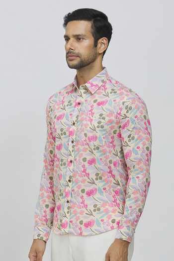 Buy Cream Cotton Hand Printed Floral Shirt For Men by Aryavir Malhotra ...