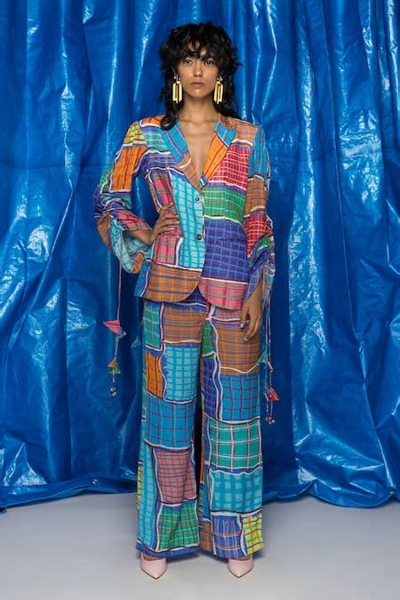 Buy Blue Cotton Tassels Gingham Printed Gathered Sleeve Blazer For ...