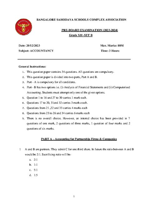 Accountancy SET B - AVVOUNTANCY - BANGALORE SAHODAYA SCHOOLS COMPLEX ...