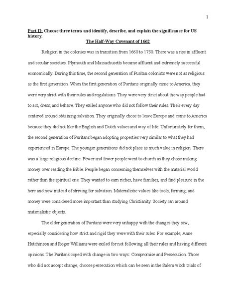 The Half-Way Covenant of 1662 - 1 Part II: Choose three terms and ...