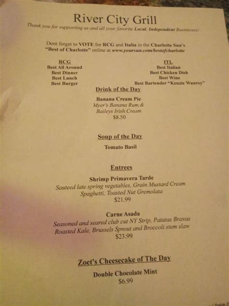 Menu at River City Grill restaurant, Punta Gorda