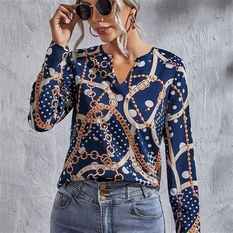 Print & Polka Dot Print Chain Decor Notched Blouses, Women's Collar ...