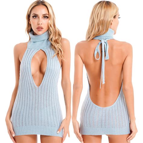 Womens Sexy Sweater Dress Open Chest Hollow Backless Knitted Pullovers ...