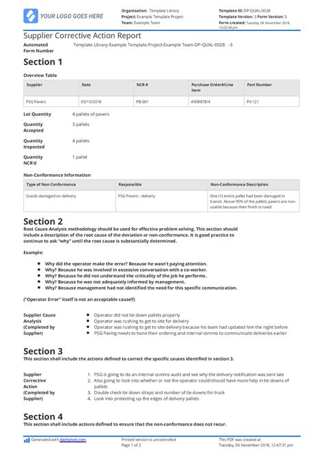Supplier Corrective Action Report Template and Example