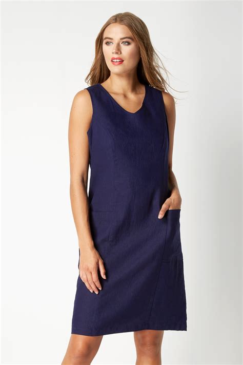 Linen Mix Sleeveless Shift Dress in Navy Blue - Roman Originals UK