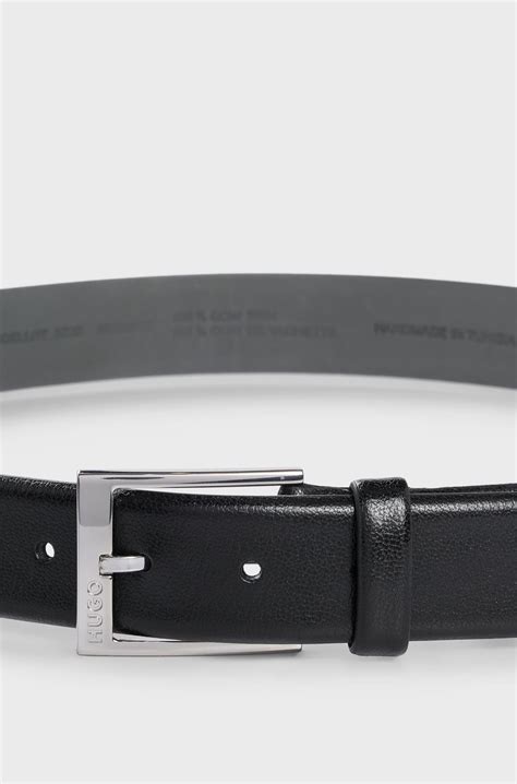 HUGO - Grained-leather belt with polished-silver-hardware logo - Black