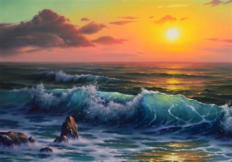 Ocean Waves Sunset Painting