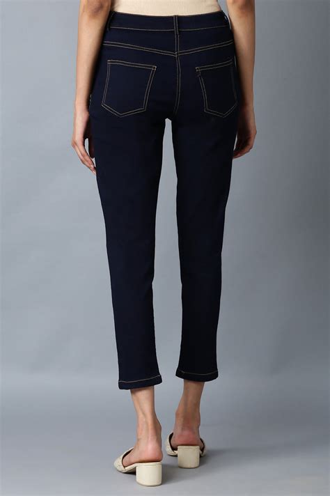 Buy Elleven Women's Navy Blue Solid Slim Fit Denim Pants With Front Zip ...