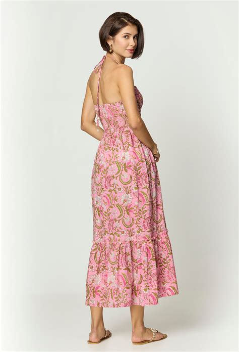 Pink and Green Floral Printed Maxi Dress with Front Cut-Outs – AMARAA