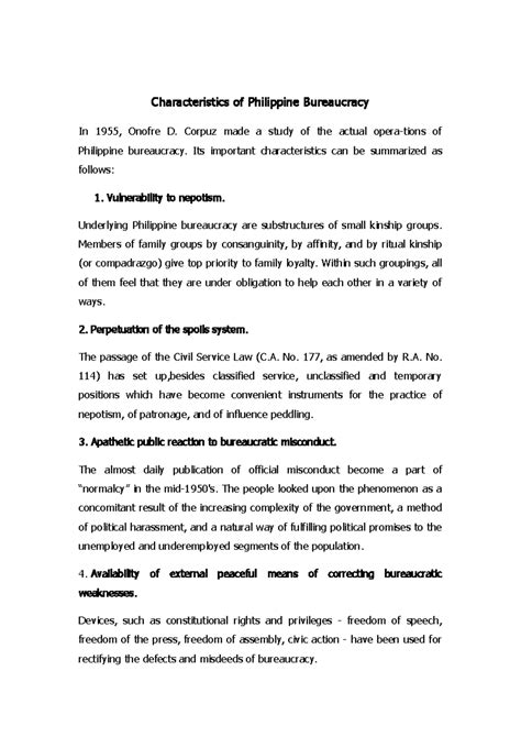 Characteristics of Philippine Bureaucracy - Corpuz made a study of the actual opera-tions of ...
